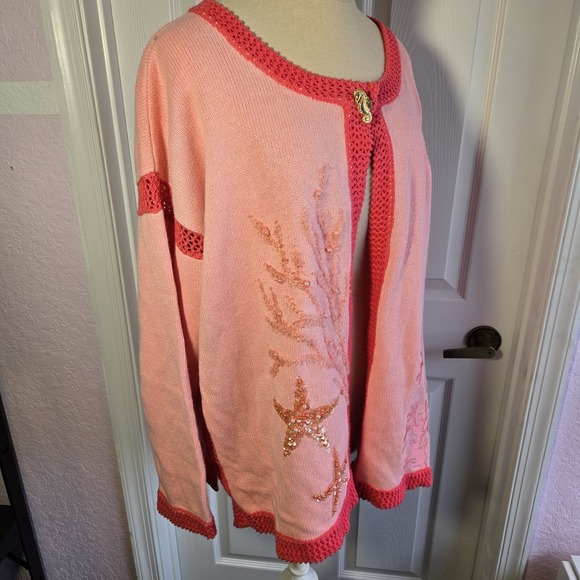 Storybook Knits Coral Pink Cardigan Sweater Sea Horsing Around‎ Size 1X Beaded - Picture 2 of 10